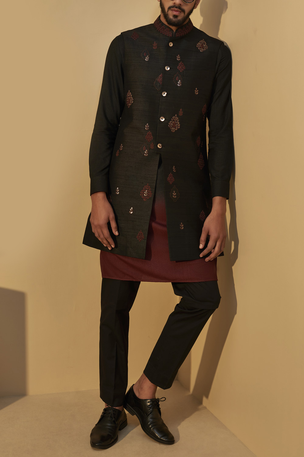 black kurta with modi jacket