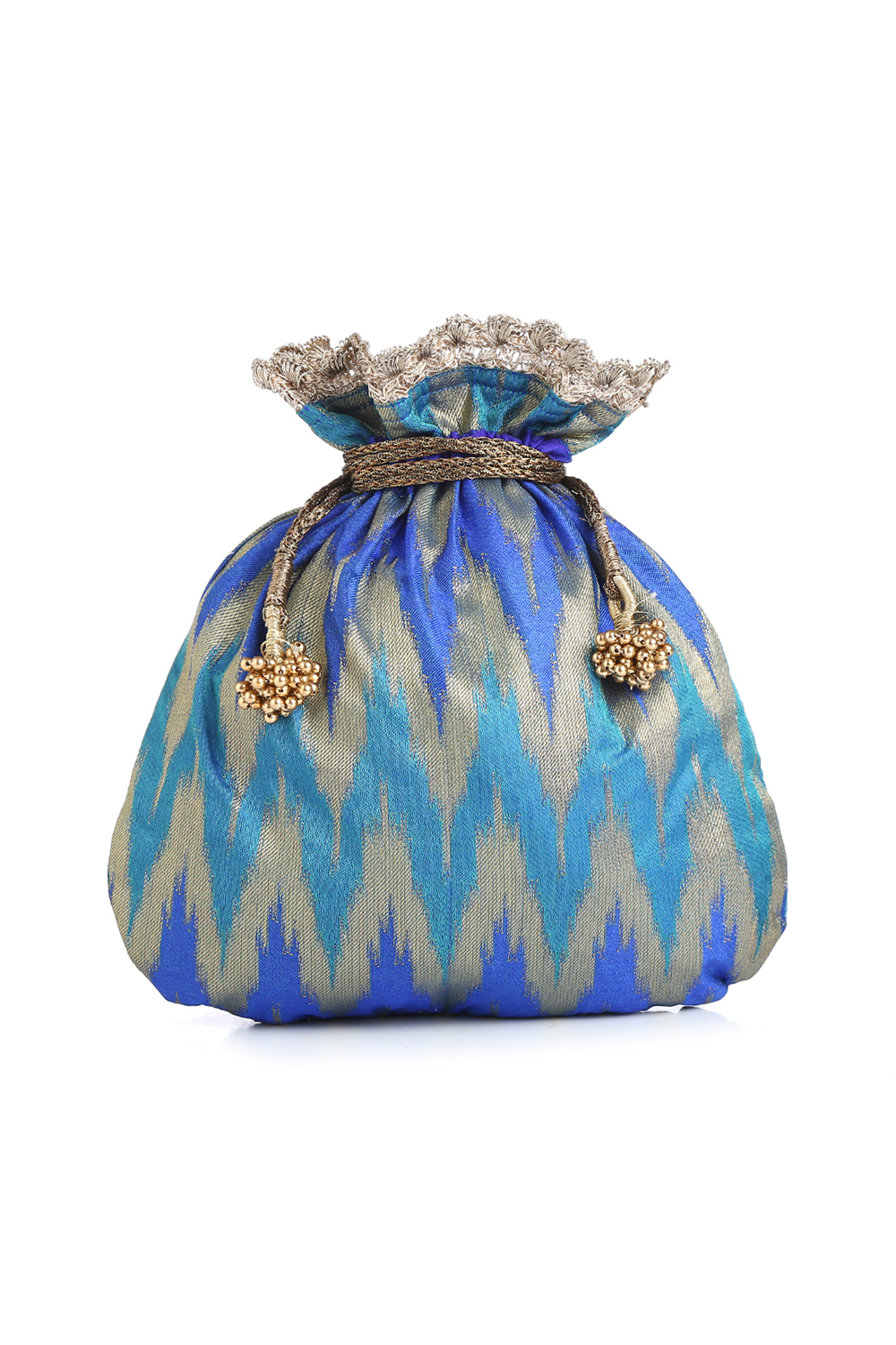 Blue brocade potli bag designed by Praccessorii at AASHNI+CO.