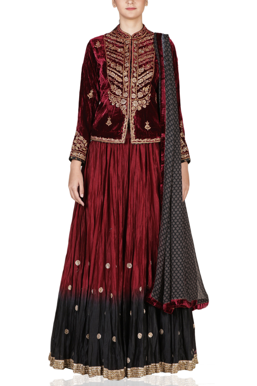 Red velvet lehenga set designed by Ritu 