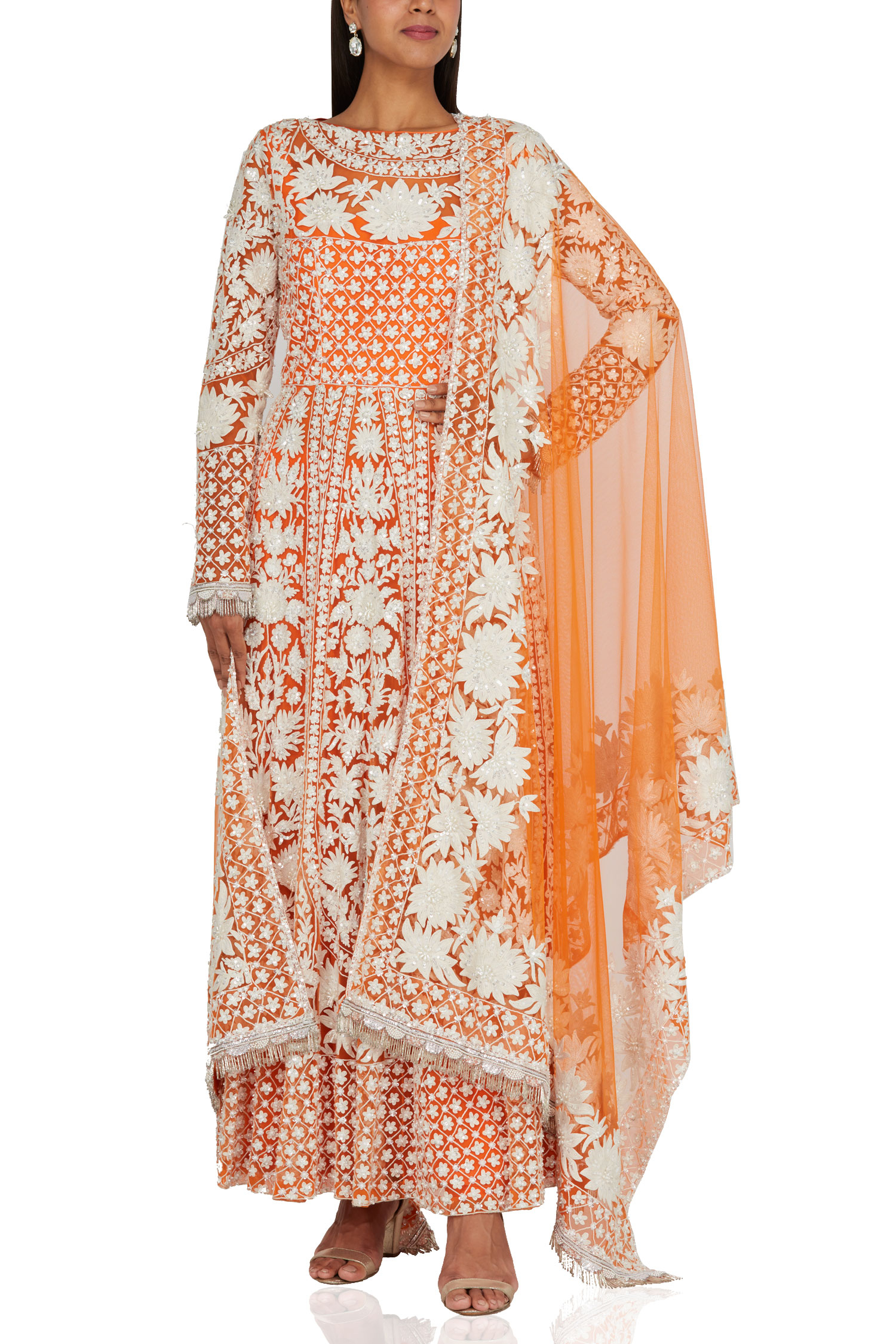 Orange kurta wirh churidar and dupatta 